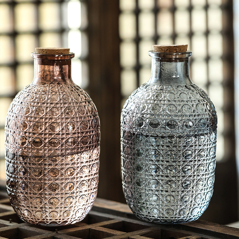 复古浮雕大号玻璃瓶家用商用饮料红酒白酒分装空瓶带木塞跨境批发