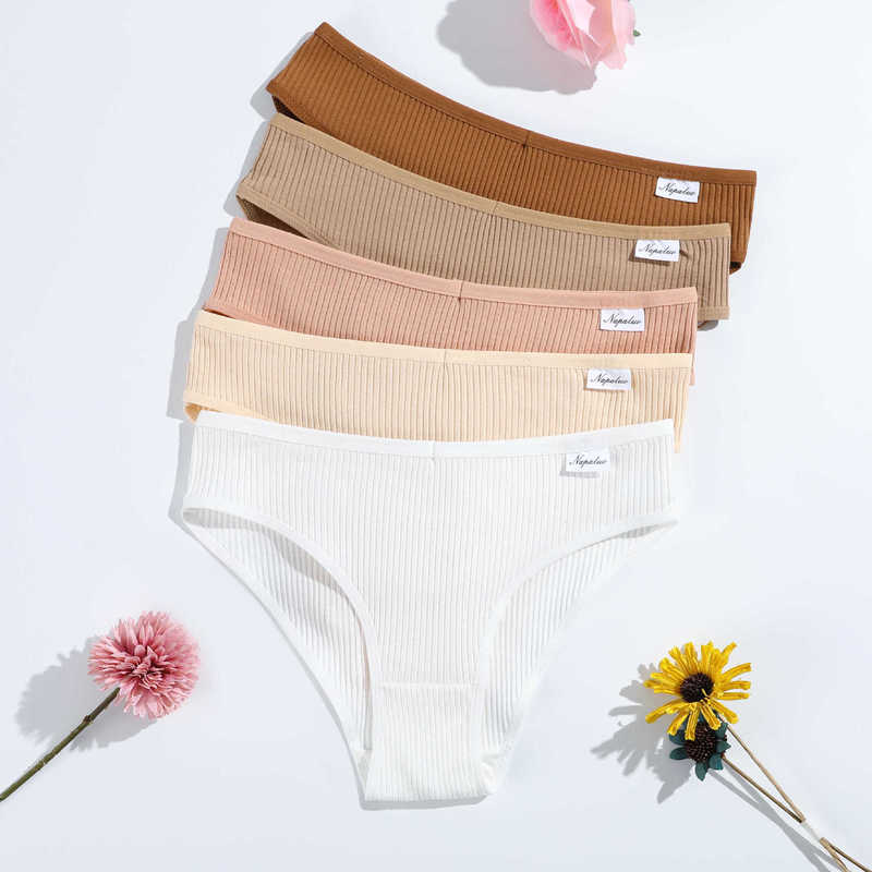 New Pure Cotton Ribbed Women's Briefs, Solid Color, Low-Waist, Comfortable, Breathable, Double-Layered, Girls' Underwear, Direct from Manufacturer
