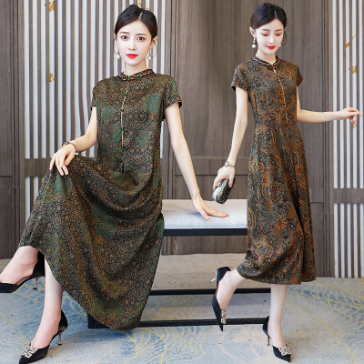 香云纱真丝旗袍连衣裙2021新款中年气质妈妈遮肚裙子高贵时尚杭州