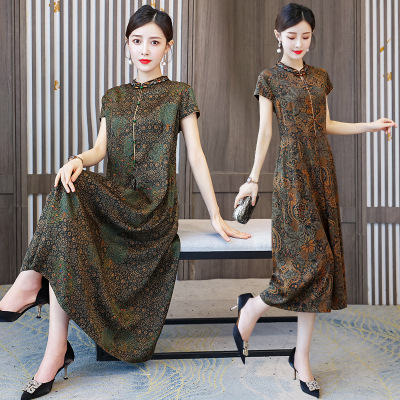 香云纱真丝旗袍连衣裙2021新款中年气质妈妈遮肚裙子高贵时尚杭州