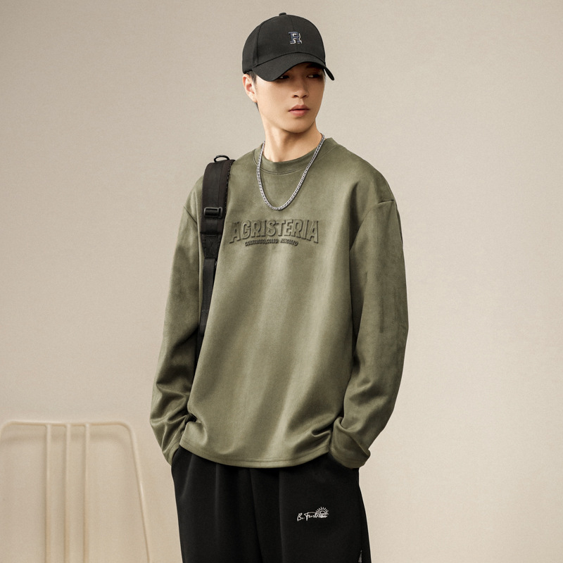 2026 New Men's T-Shirt Spring and Autumn Trendy Brand Loose Round Neck Suede Long-Sleeve Base Shirt Casual Men's Top