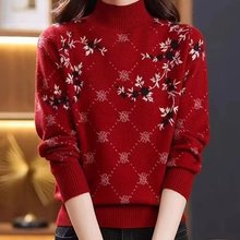 一件代发直播爆款2025冬季新款时尚半高领印花气质针织衫上衣女装