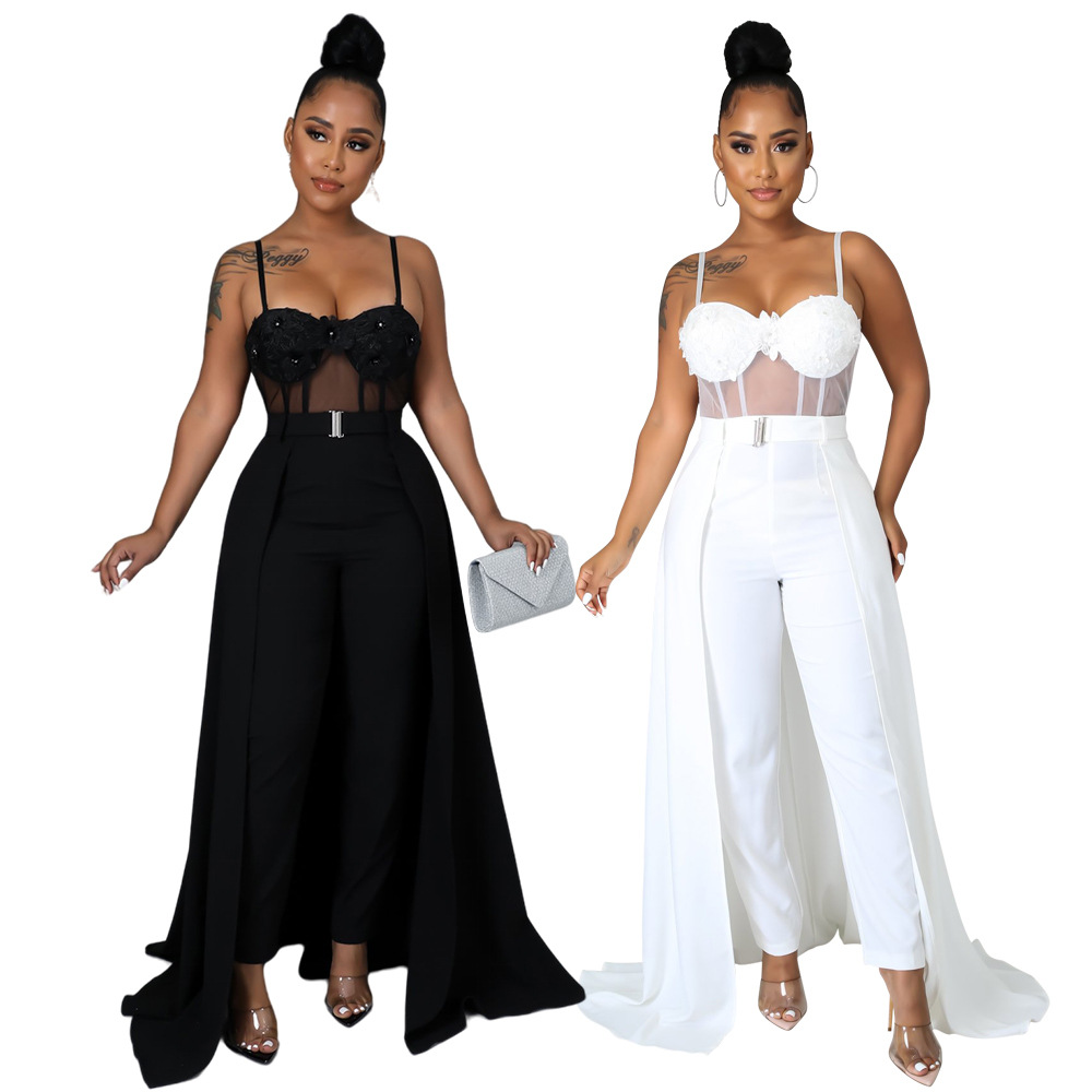 Solid Color See-Through Waist Sling Backless Stitching Jumpsuit NSCYF112361