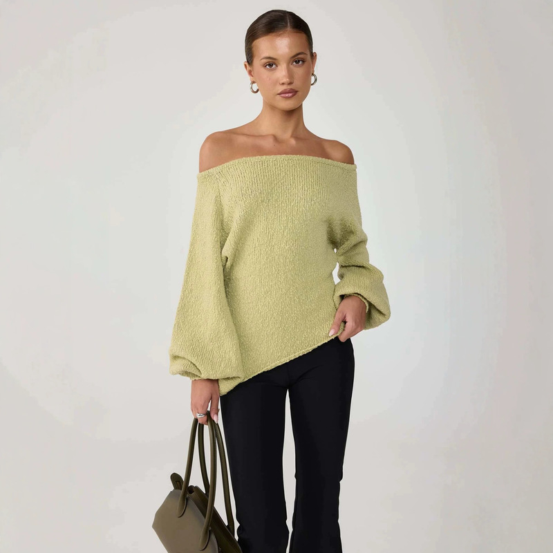 Autumn and Winter Elegant One-Shoulder Knitted Sweater for Women with Puff Long Sleeves, Asymmetrical Hem, Comfortable Texture, Women's Pullover