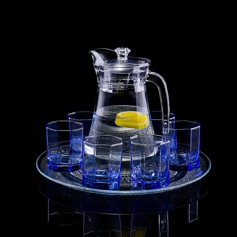 Glass Cup Set for Home Use, 6 Pieces, Living Room Heat-Resistant Tea Cup, Juice Cup with Handle, Cold Water Kettle Tray