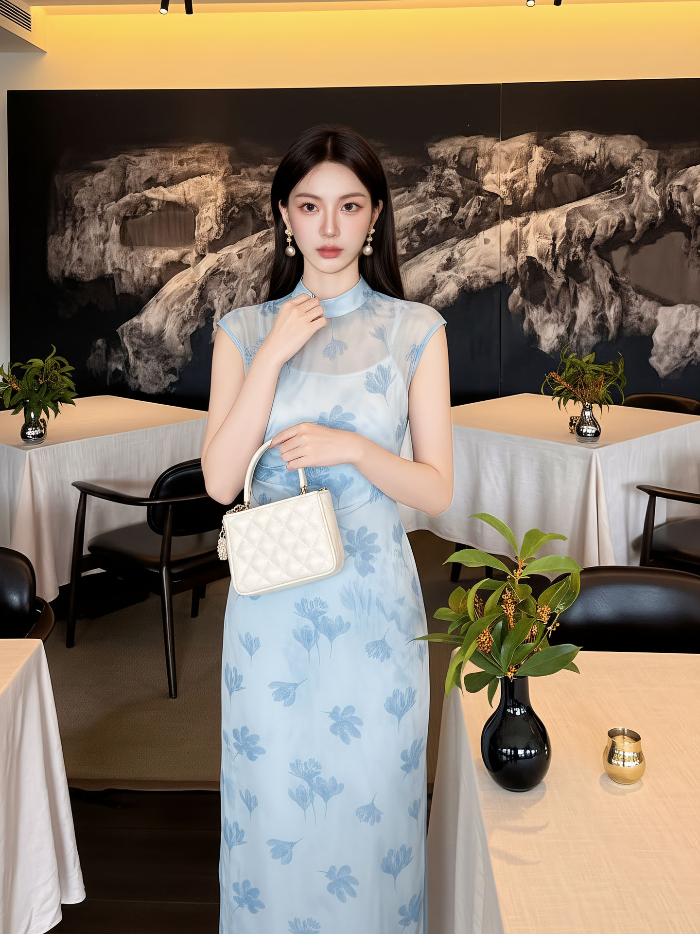 Đầm maxi nữ thắt eo phong cách tân cổ điển, chất liệu nhung tăm, thiết kế cổ yếm kết hợp ren, tay lỡ, dáng suông nhẹ, phù hợp mùa xuân hè — xanh lam