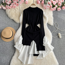 法式小众针织连衣裙气质收腰显瘦不规则撞色拼接设计感毛衣中长裙