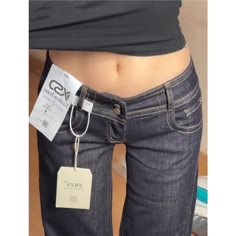 American Retro Style Raw Denim Low-Waist Flared Jeans for Women, Summer Loose Fit, Slimming, Extended Length Straight Pants for Tall Individuals American Retro Style Raw Denim Low-Waist Flared Jeans for Women, Summer Loose Fit, Slimming, Extended Length Straight Pants for Tall Individuals