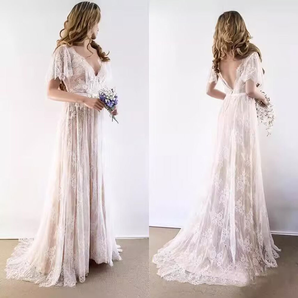 Fashion Lace Light Wedding Dress Cross-Border European and American Aliexpress Sexy Deep V Elegant Ball Gown Dress