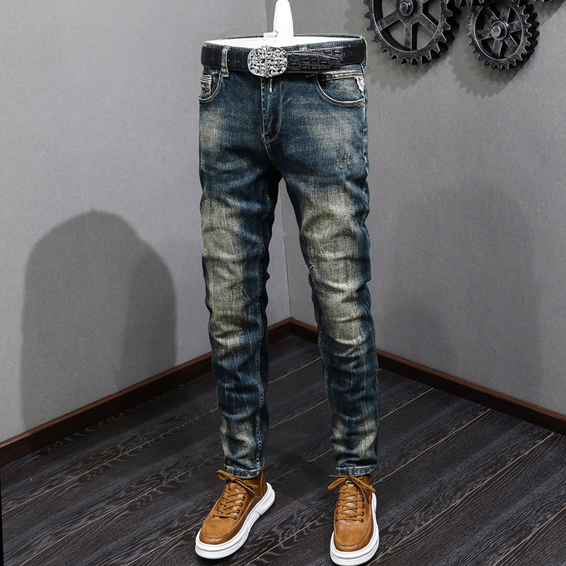 Men's New High-End Trendy Brand Jeans, Vintage Washed, Unique Distressed Slim-Fit Skinny Jeans for Men Jsn985