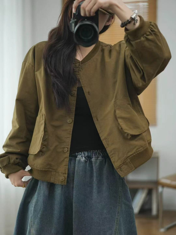 复古外套女 2025秋季大口袋设计单排扣圆领长袖开衫休闲外搭上衣|undefined