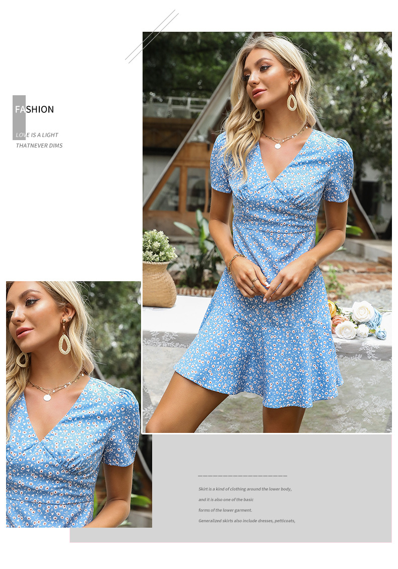 blue chiffon floral V-neck pleated dress NSYYF61870