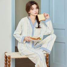 春秋冬季少女牛奶丝睡衣和尚领开衫款甜美条纹带胸垫家居服套装