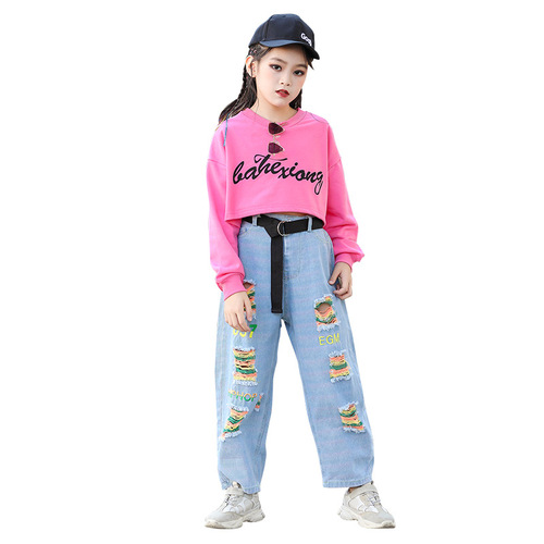 pink jeans Rapper singers hiphop costumes for girls children street dance clothing hip-hop jazz girls  performing acrobatics show girl 