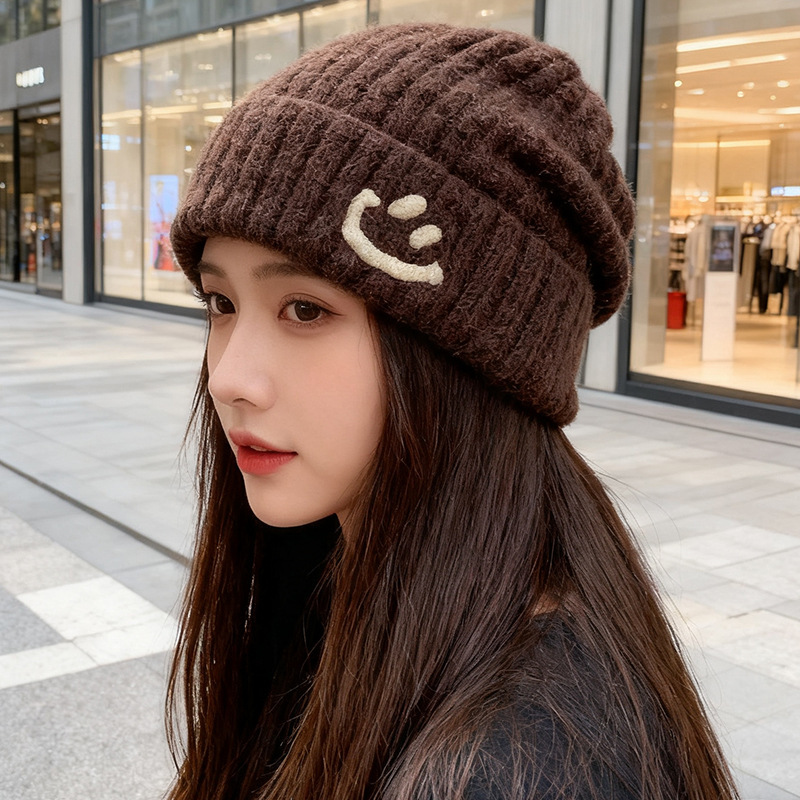 秋冬笑脸蓝色毛线帽子女加厚保暖大头围冷帽显脸小护耳针织堆堆帽|undefined
