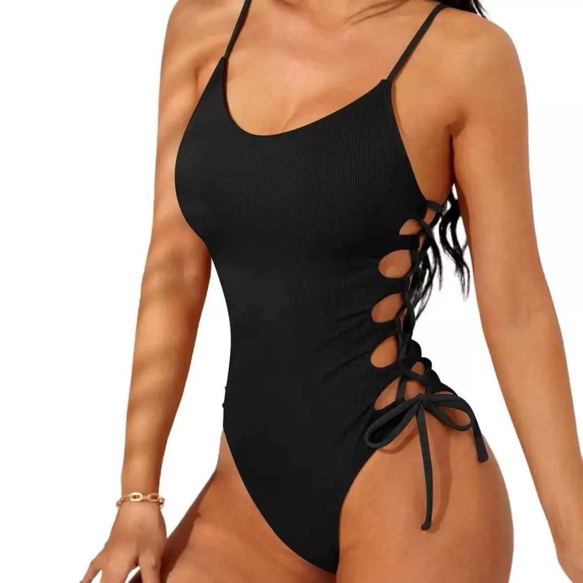 欧美新款跨境 亚马逊爆款纯色时尚性感镂空吊带连体泳衣