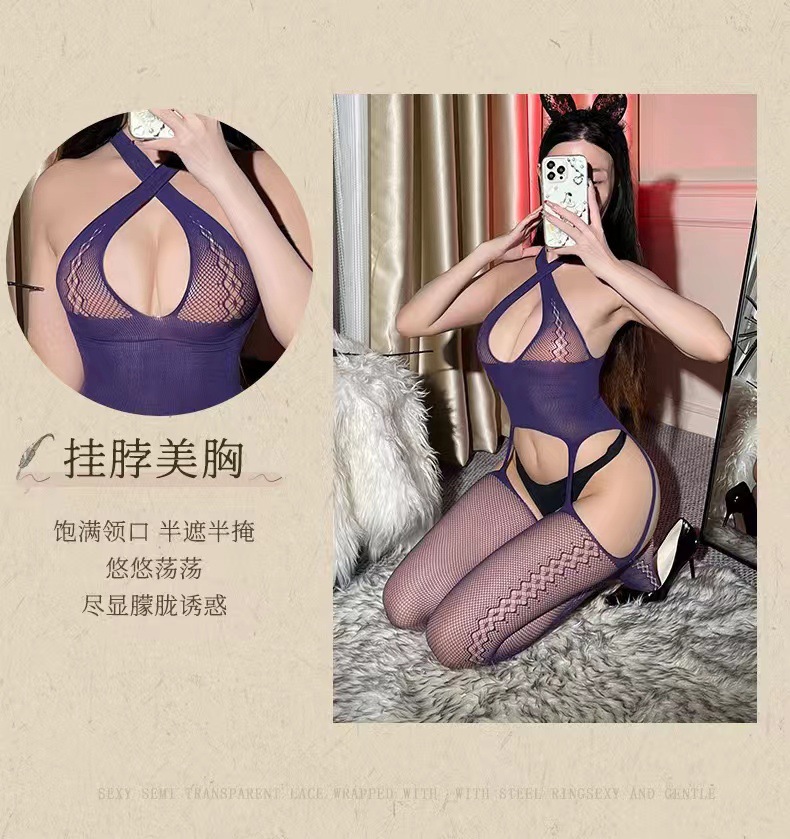 Black Sheer Mesh Bodysuit with Open-Crotch Design and Matching Stockings, One Size — detail image 7