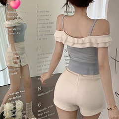 設計感純欲辣妹一字肩荷葉邊短款吊帶針織衫女裝夏季法式性感上衣