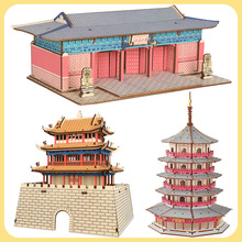 中国大型古建筑成人手工拼装模型木质3d立体拼图儿童益智玩具批发