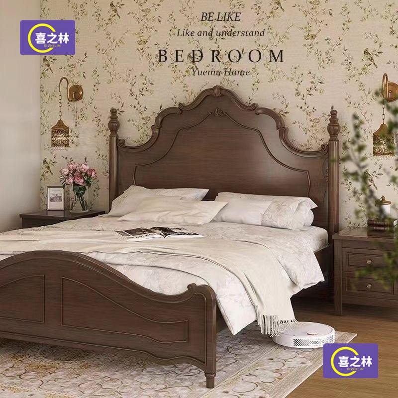 Small Apartment Rubber Wood Antique American-Style Double Bed French-Style Wooden Bed Anna Modern Internet Celebrity Antique Simple Light Luxury