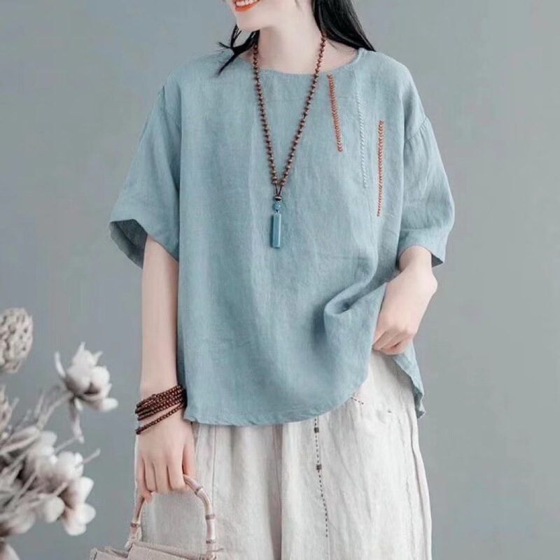 Summer Cotton Linen Short-sleeved Women's Embroidery Loose Slimming All-match Round Neck Retro Breathable Loose Pullover T-shirt Top