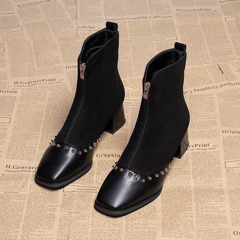 2025网红方头粗跟感小短靴女秋冬高跟鞋矮个子法式马丁靴