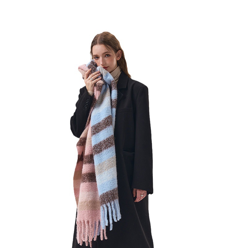Korean version minimalist contrasting striped wool blend scarf for winter soft and sticky warmth, student cold_voghion.com