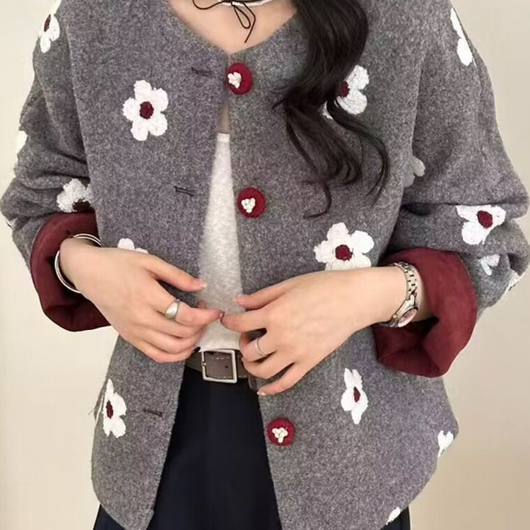 Korean Fashion Loose Round Neck Long-Sleeved Short Woolen Jacket for Women 2025 Autumn and Winter New Stereo Flower Top Trendy
