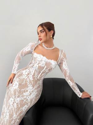 Vestido comprido de renda elegante gola quadrada manga compr