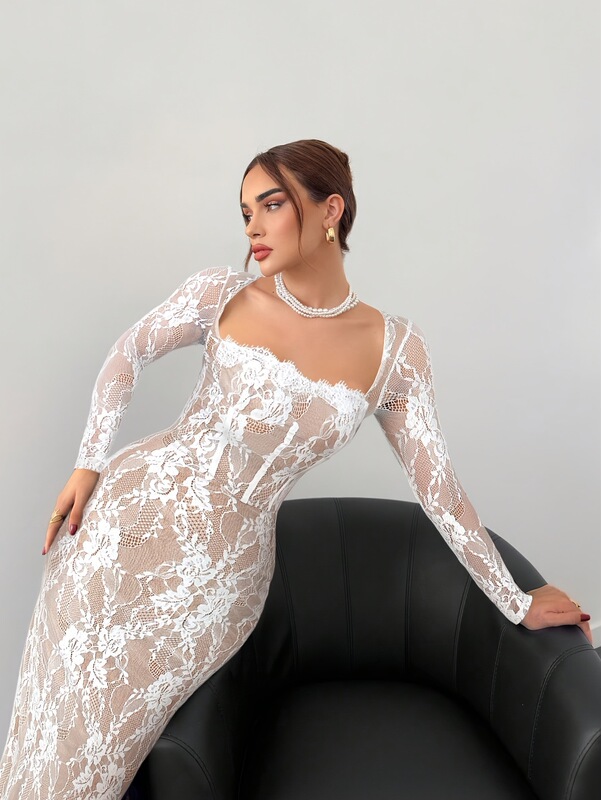 Amazon AliExpress 1688 Independent Store Lace Elegant Square Neck Lace Patchwork Long Sleeve Slim Fit Long Dress Amazon AliExpress 1688 Independent Store Lace Elegant Square Neck Lace Patchwork Long Sleeve Slim Fit Long Dress