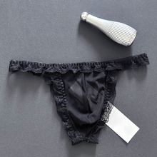 撩汉男士透明网纱内裤边丁字裤伪娘蕾丝花边三角内裤8893