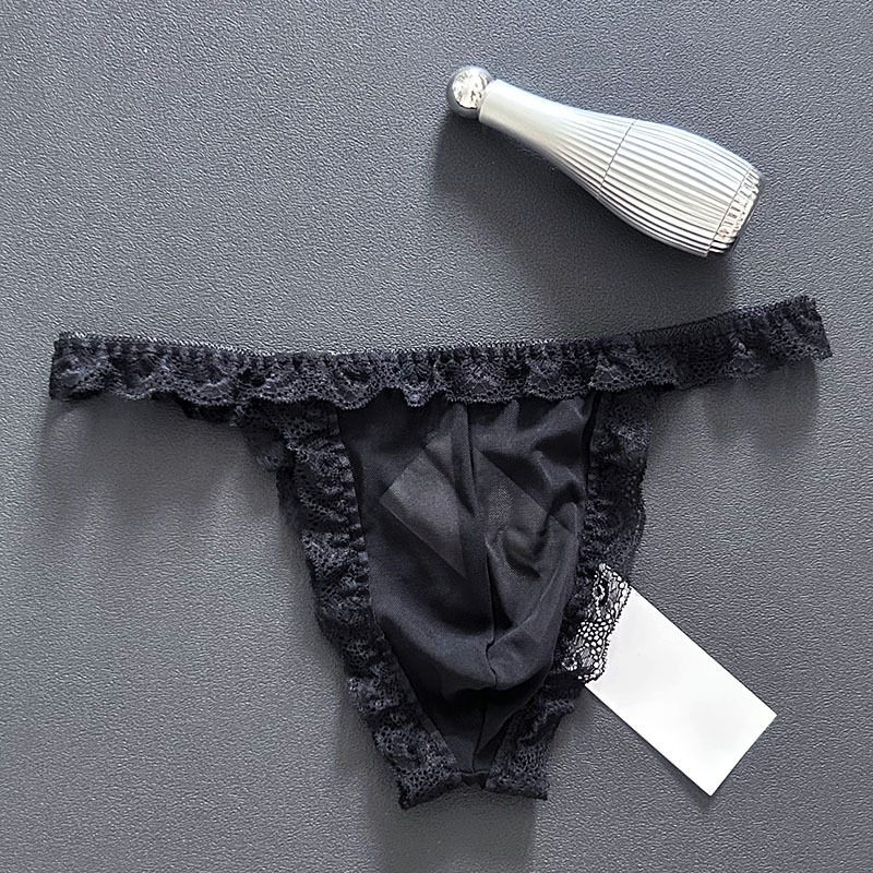 Men's Transparent Mesh Underwear with Thong Edge, Lace-Trimmed Triangle Panties 8893
