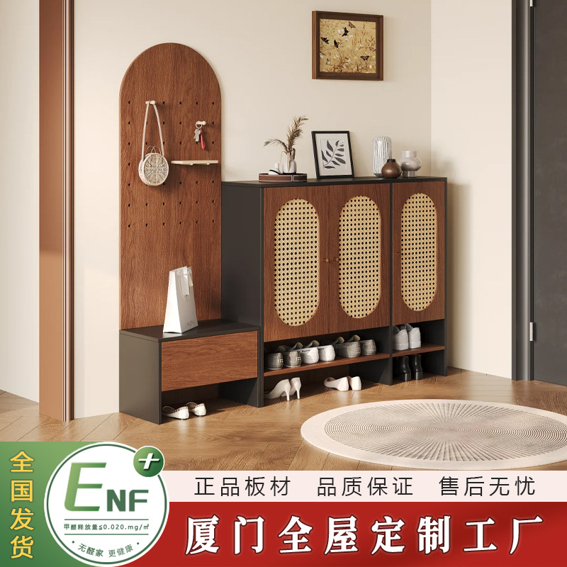 Customized Retro Solid Wood Rattan Multifunctional Entrance Storage Integrated Shoe Cabinet Home Door Shoe Rack