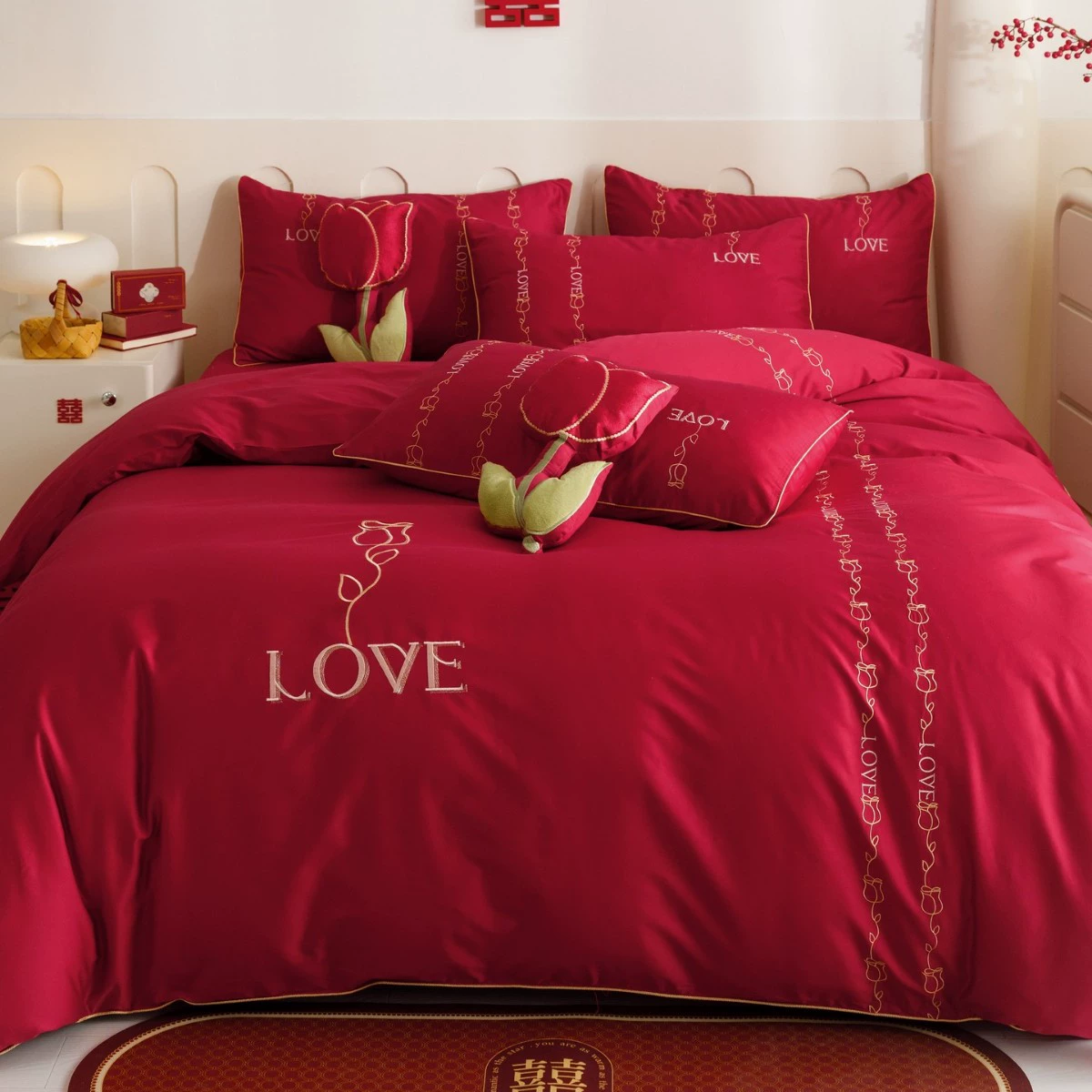 Меховой комплект, хлопковое пуховое одеяло, простыня, покрывало, китайский стиль, набор из 4 предметов, с вышивкой