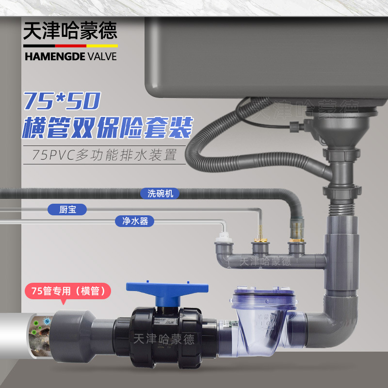 哈蒙德止回阀75厨房排水管道止逆阀多排水三通洗碗机净水器厨宝水