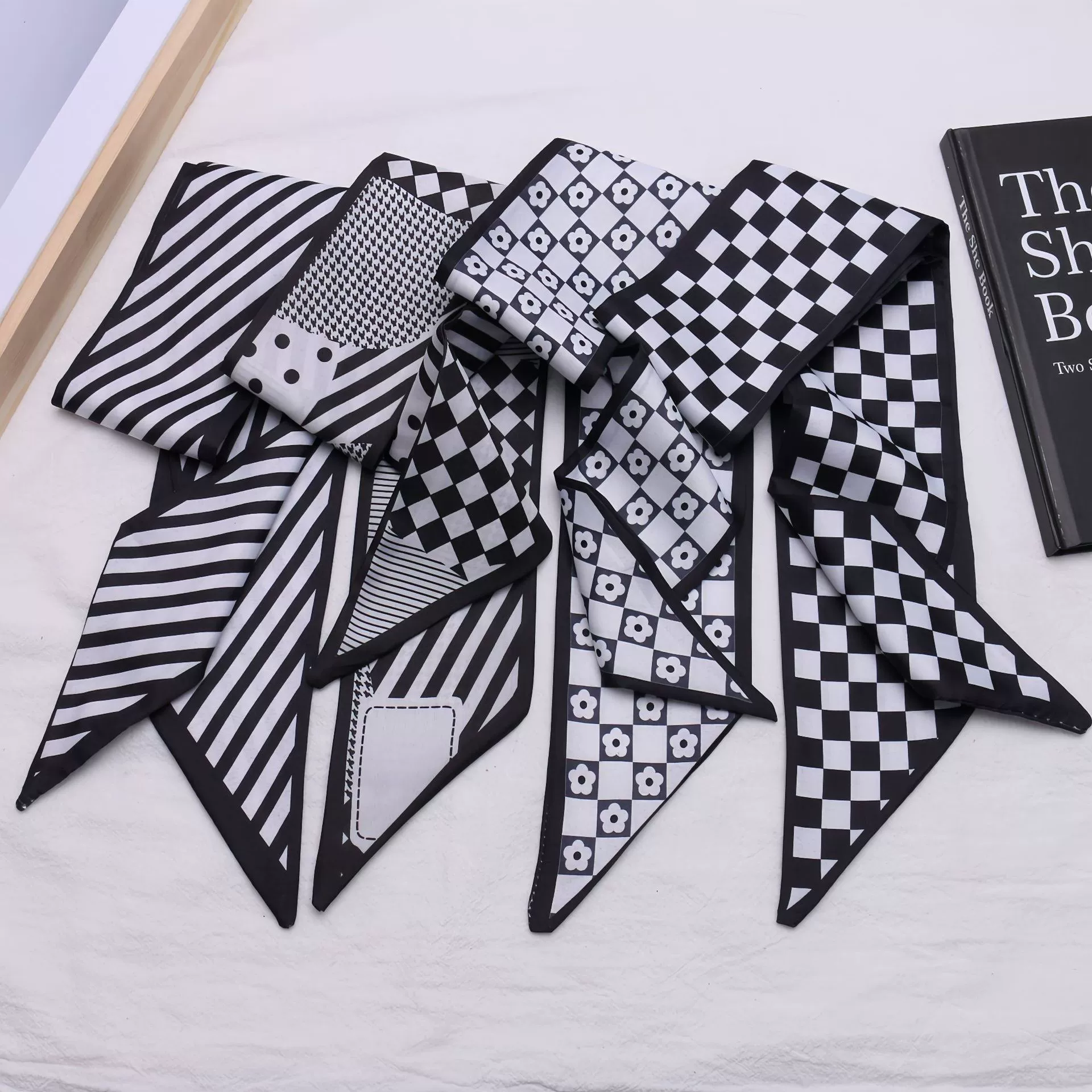 New black and white silk scarf headband long silk scarf accessories satin headdress streamers striped mesh butterfly hair accessories