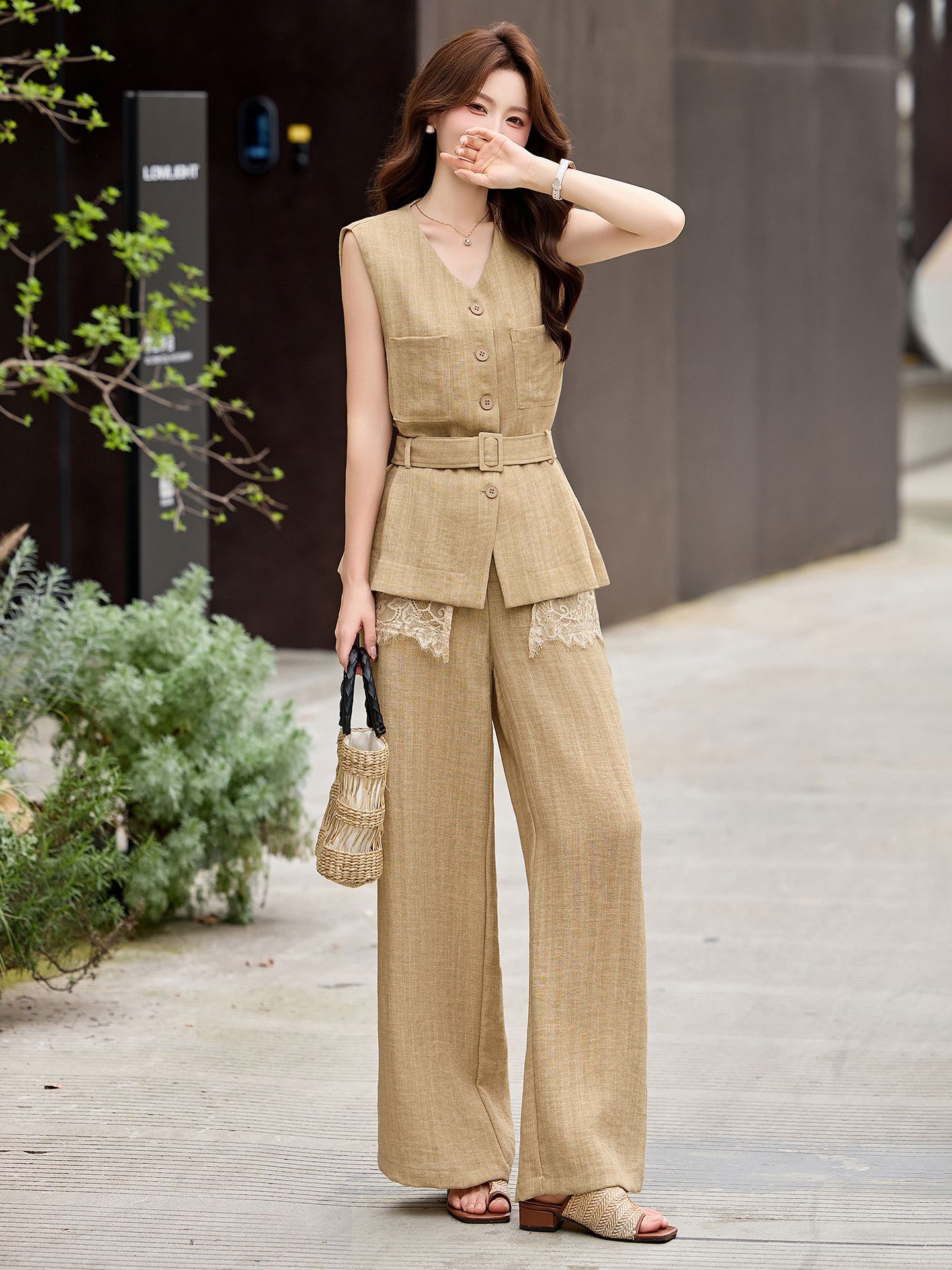 Bộ vest quần ống rộng nữ phối ren dây rút eo 2 món YH6133 — Màu ảnh
