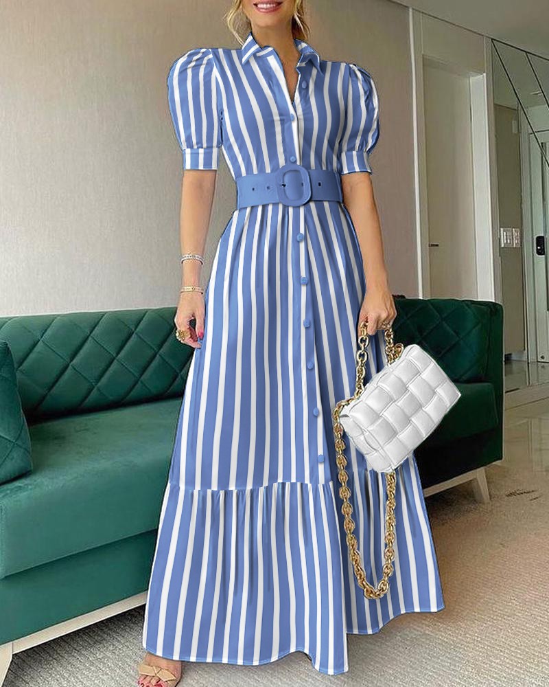 Women's Shirt Dress Casual Turndown Short Sleeve Stripe Solid Color Maxi Long Dress Daily display picture 6