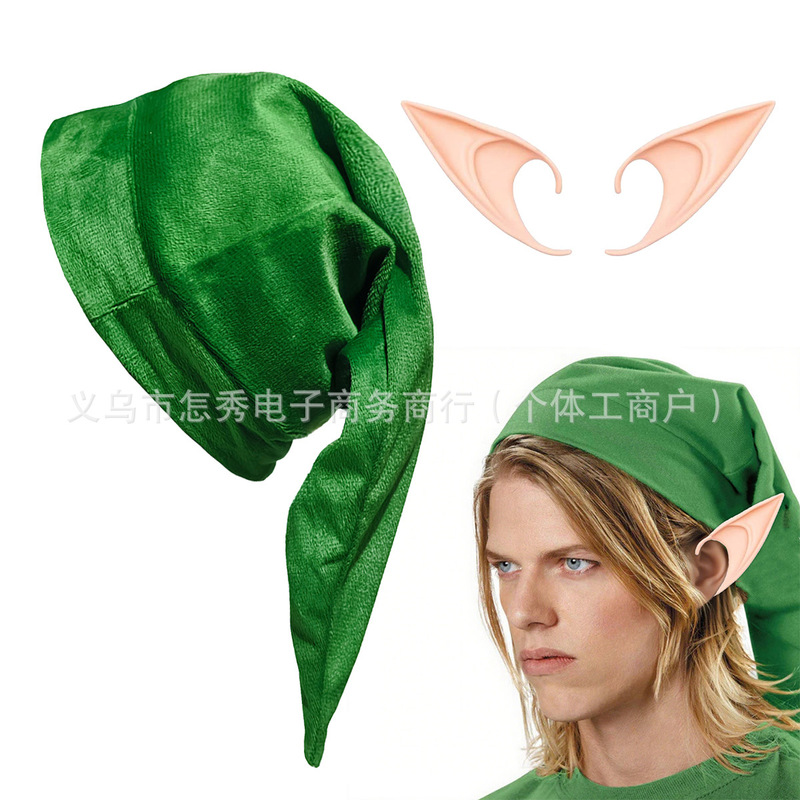Elf Ears Set, Green Hat, Christmas Costume, Halloween Adult Storybook Character Makeup Costume, in Stock