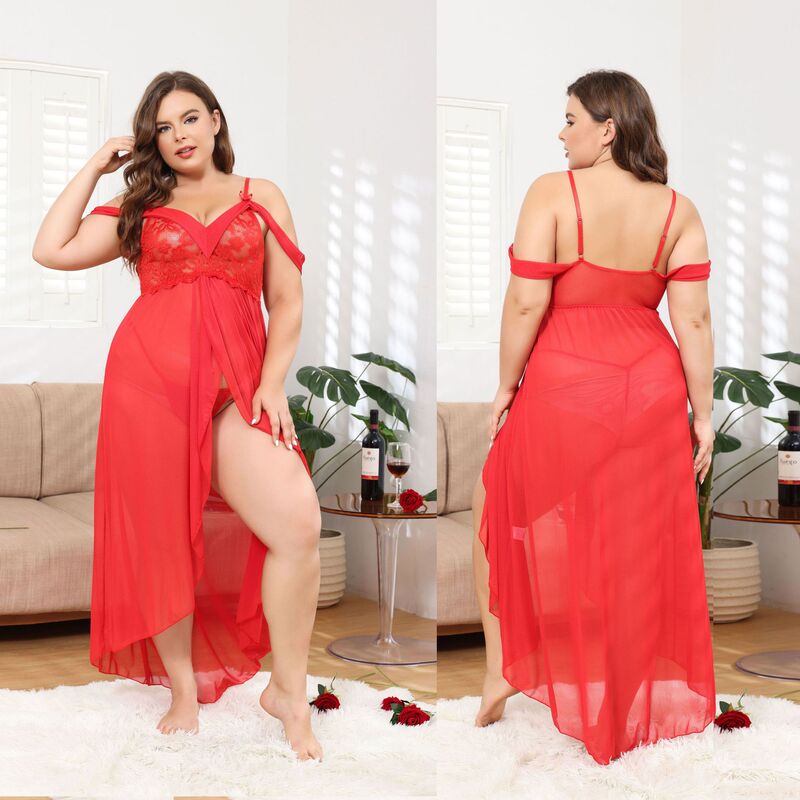Plus size chubby girl foreign trade sexy lingerie see-through off-shoulder pajamas suit sexy transparent lace dress 7934