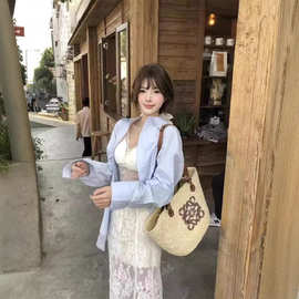 【工厂直销】原版蓝色长袖衬衫休闲宽松衬衣设计感蕾丝拼接上衣