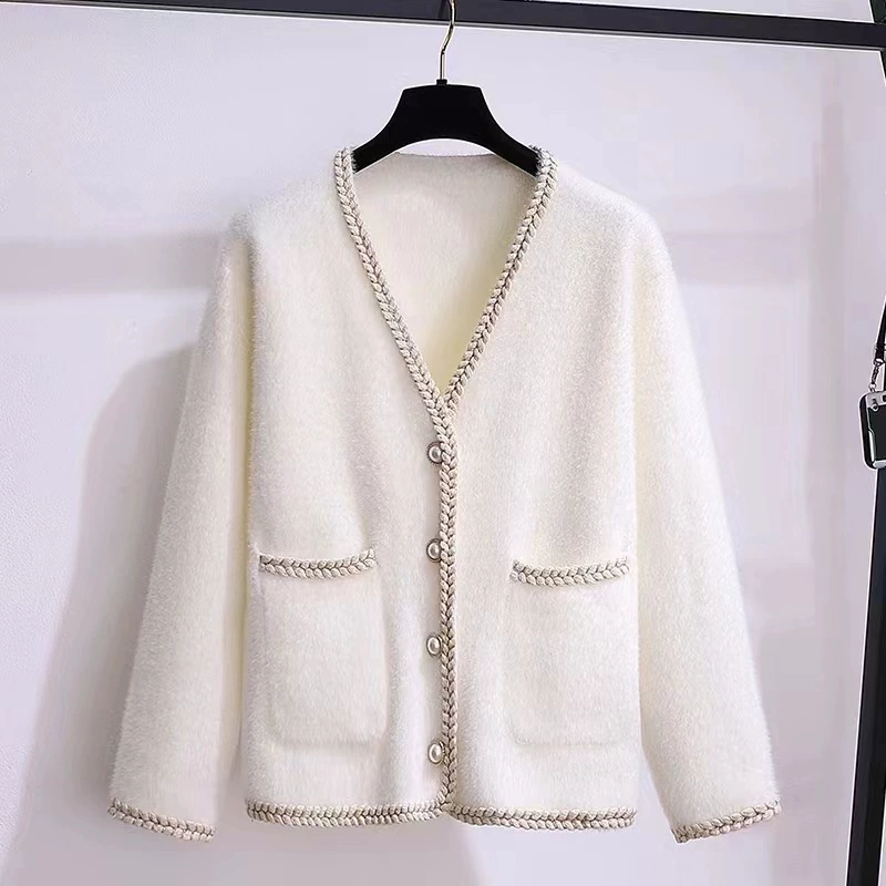 Вязаный кардиган (в стиле Chanel) V-образный бархатный свитер для подростков, западный стиль