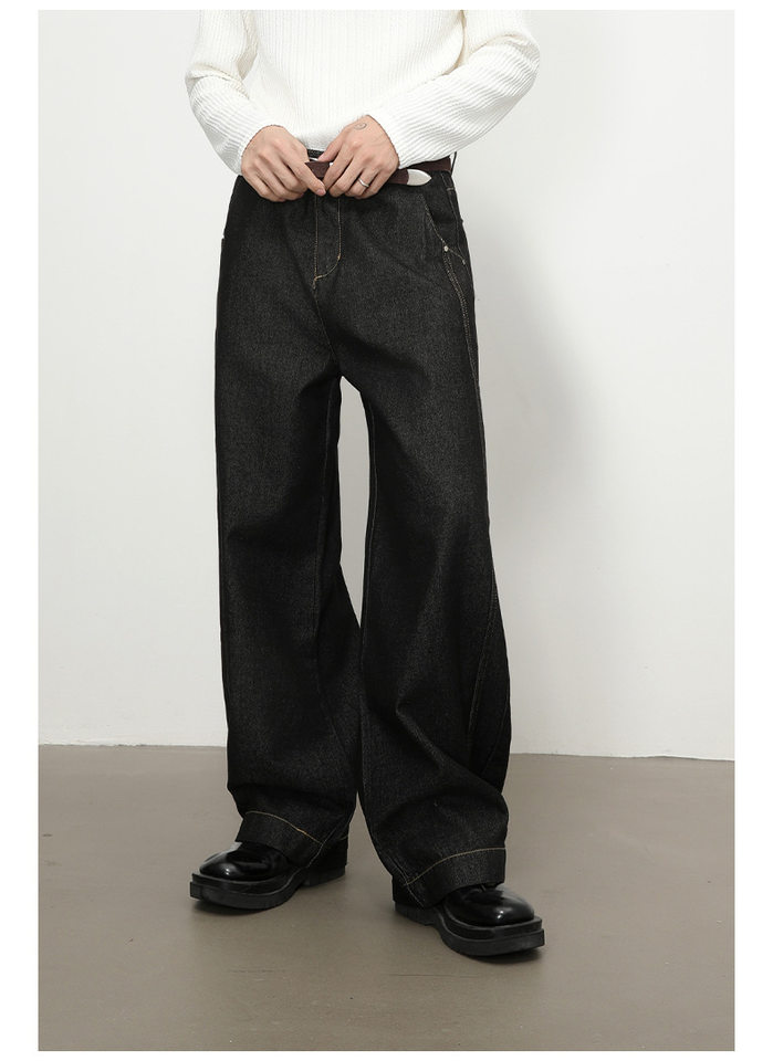 Quần jean nam denim đen dáng suông ống rộng kiểu banana lưng giữa, phong cách đường phố — Denim đen chi tiết 9