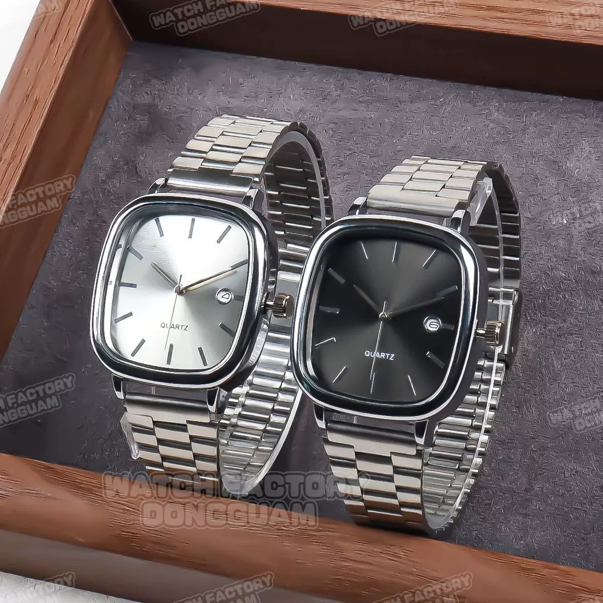 电商钢带手表复古银色小方表日历高级感男女通勤腕表金砖石英表