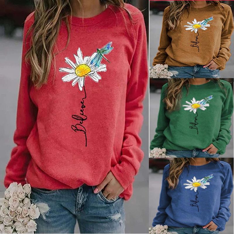 2024 Amazon Autumn and Winter New European and American Printed Casual Loose Pullover Long Sleeve Women's Top Sweat Women