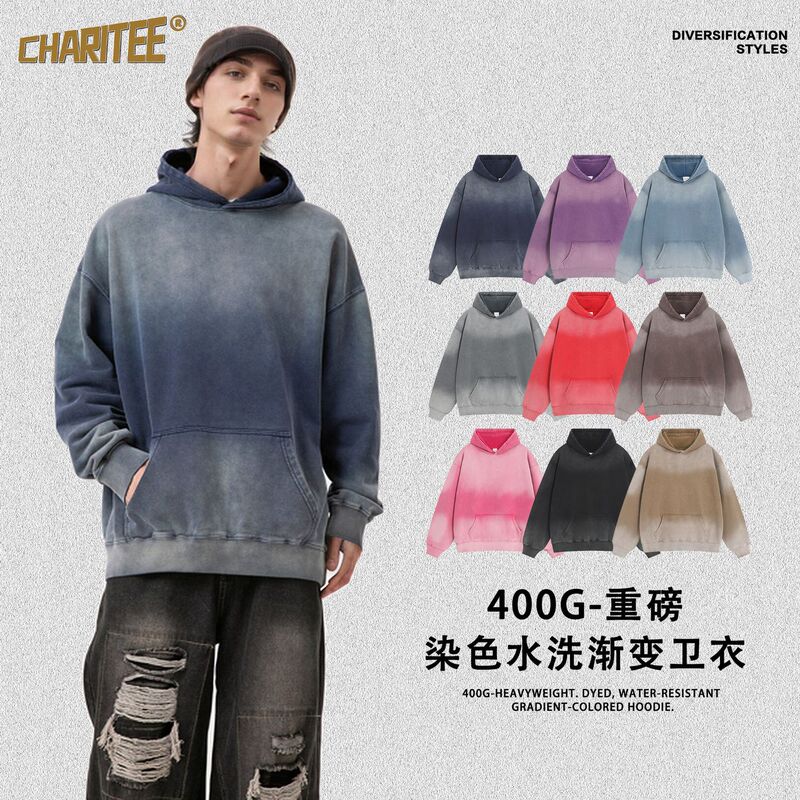Teenagers' Autumn and Winter Washed Pullover Spray-Dyed Trendy Brand Distressed Hooded Sweatshirt Long-Sleeved Pure Cotton Fleece-Lined Sweatshirt