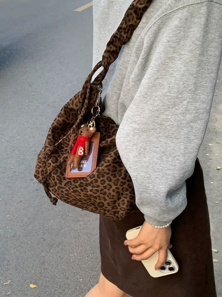 Cross-Border Autumn and Winter Fashion Underarm Bag Women's Bag 2025 New Leopard Print Bucket Bag Pleated Shoulder Crossbody Bag