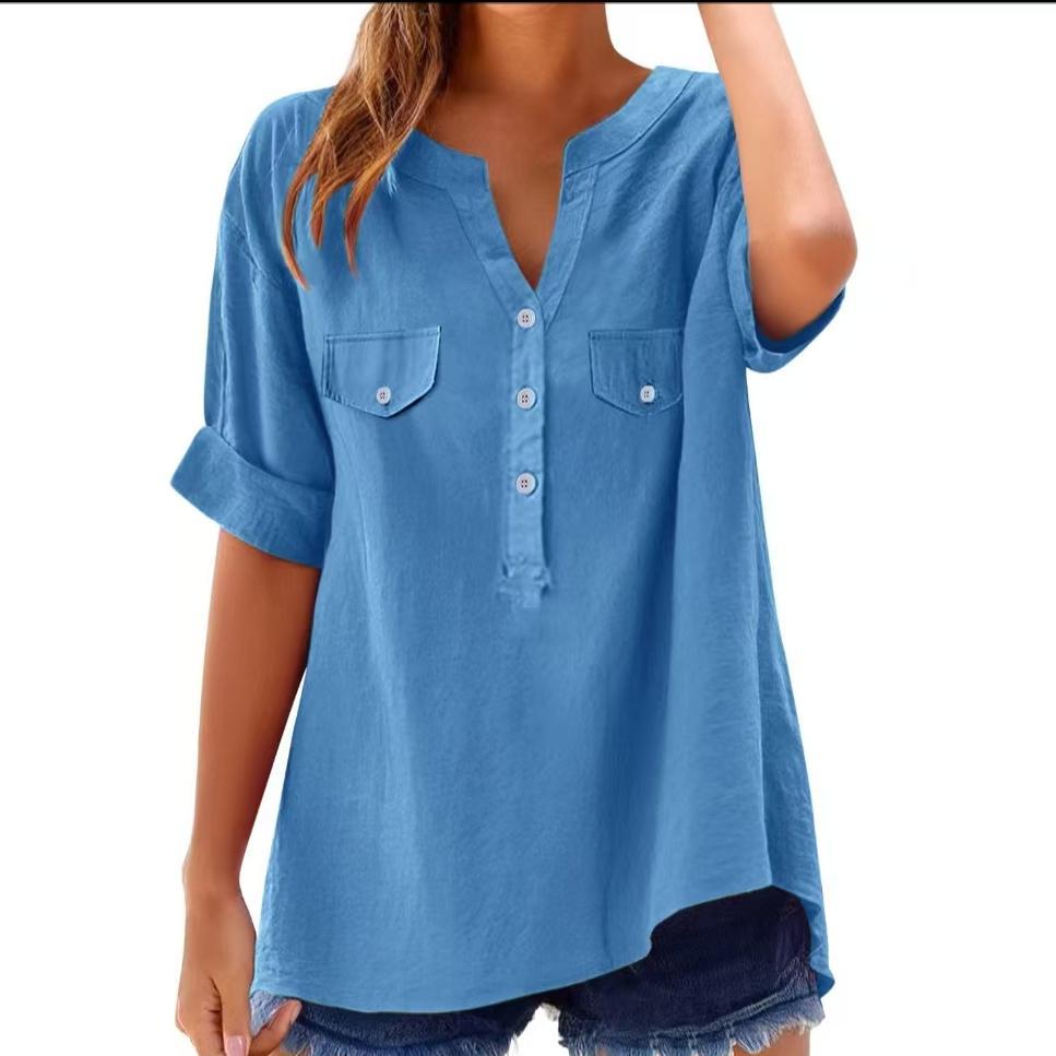 2025 Amazon New Women's Solid Color Shirt Plus Size Fashionable Casual Short-Sleeved Shirt