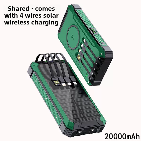 Shared Solar-Powered Mobile Power Bank with Built-In Cable, Soft Case, Unisex, 20000Mah Wireless Power Bank with Long Battery Life