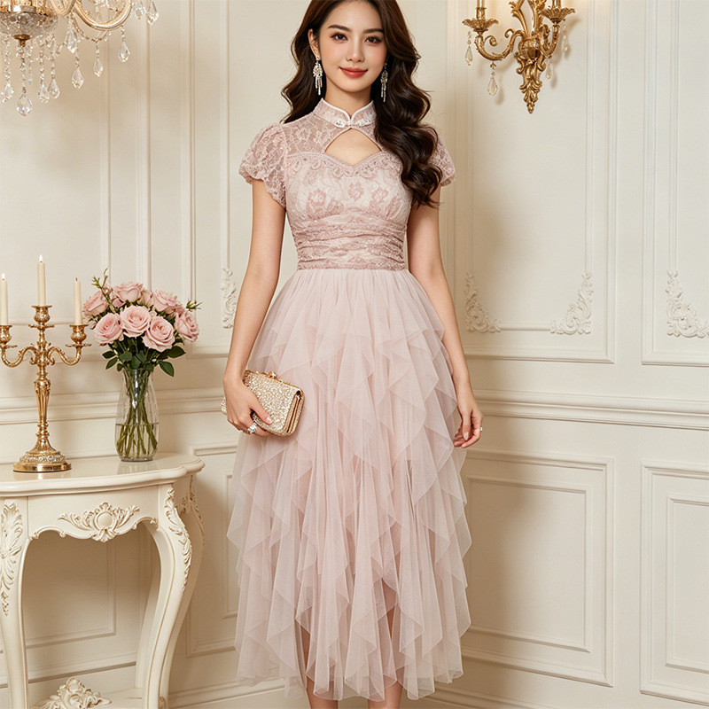 Đầm maxi nữ tân cổ điển cổ tròn ren phối lưới thắt eo — màu hồng chi tiết 1